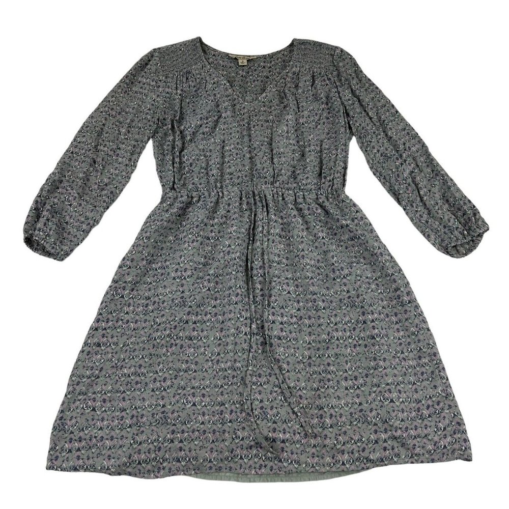Lucky Brand A-Line Dress Women's Small Gray Print V-Neck Tie Waist Hippie Boho